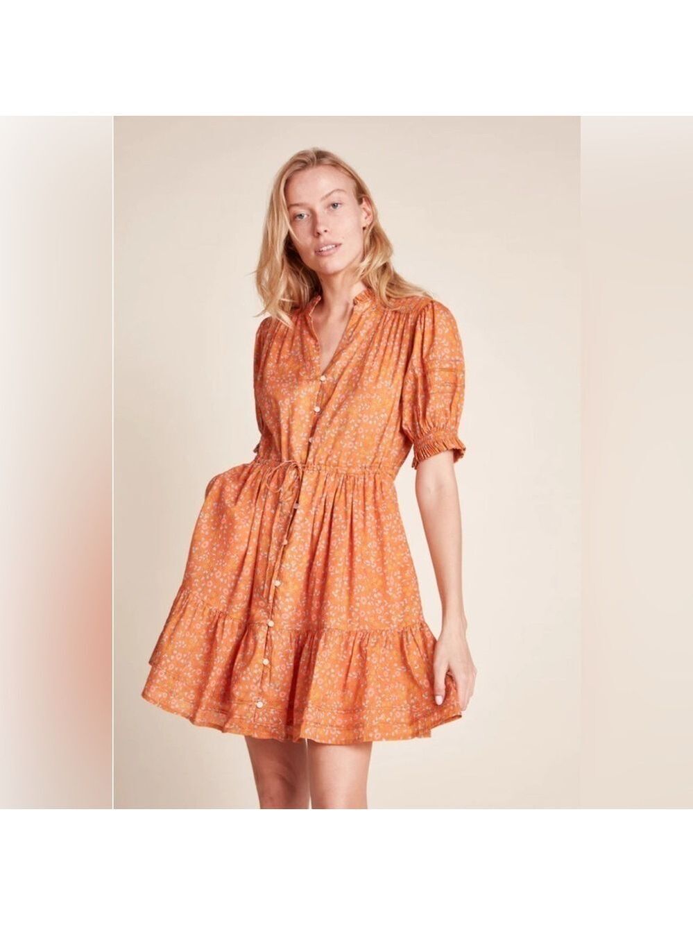 Trovata Phoebe Button Front Puff Sleeve Mini Dress SZ M Tumeric Orange